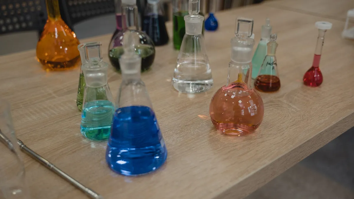Laboratory glassware with coloured liquids